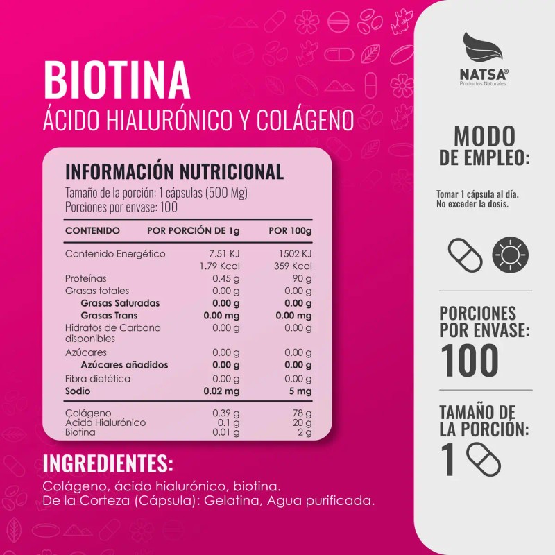 Biotina 000 Mcg Ácido Hialurónico Colágeno 100 Caps Hombres Mujeres