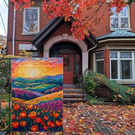 Fall Garden Flag, Oil Painting Tulip Garden Flag, 12x18 Inches Double Sided Burlap, Floral Garden Flag, Yard Lawn Flag, Outdoor Patio House Decor （Only Garden Flag）