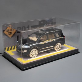 BDTCTK Leather Bottom Transparent Acrylic Display Box with Light Strip and Parking Scene Cardboard, Including 1:24 Land Cruiser Alloy Die-cast Pull Back Car with Sound & Light, Gift Black