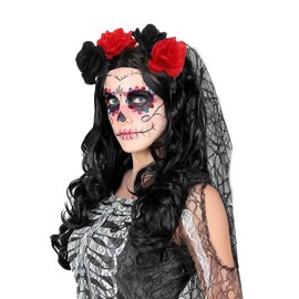 Bufenia - Diadema de velo negro para Halloween, diseño de calavera muerta, diadema con corona floral, accesorios para el cabello de novia (B)