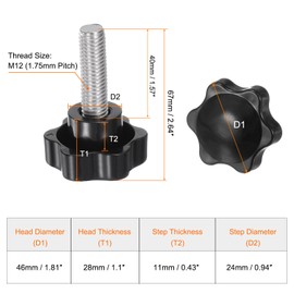 QUARKZMAN Pack of 2 Thumb Screws with Star Handle M12 x 40 mm x 46 mm Star Grip Screw Plastic Knob Stainless Steel 304 Threaded Bolts Clamping Screw Star Grip Nut Clamping Knob for Machine