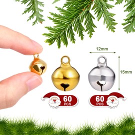 Naler Pack of 120 bells for crafts, vintage bells, golden and silver bells for jewellery, crafts, gift wrapping, Christmas, party decoration, 12 mm
