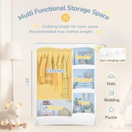 Curipeer Kids Dress Up Storage with Flower Mirror & Wood Legs, Open Hanging Closet Wardrobe for Children, Kids Armoire & Costume Organizer for Bedroom Playroom Preschools Classroom, White
