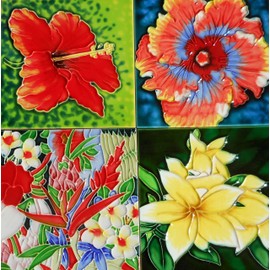 Flower hand painted ceramic art tiles set of four by Tile Craft 6x6 inches each with easel backs