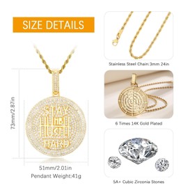 Cysnuc Iced Out 14K White Gold Plated Circle Chain Pendant Necklace 5A+ CZ Diamond Round Coin Encourage Charm with 3mm 24" Rope Chain Hip Hop Jewelry for Men Women, Brass, Cubic Zirconia