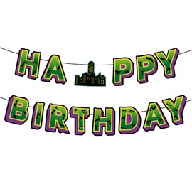 Green and Purple Happy Birthday Banner, Pre-Strung Cartoon Theme Party Decorations Hero Birthday Sign Banner Photo Backdrop for Boys Girls Anime Party Supplies