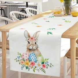 Blulu Easter Table Runner 40 x 180 cm Rabbit Tablecloth Spring Rabbit Flowers Table Runner Decoration Seasonal Holiday Tablecloth Flag Cover for Living Room Home Dining Room Kitchen Theme Party