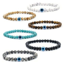 LEBKFT 6 Pcs Evil Eye Bracelet for Men, 6mm Natural Stone Stretch Adjustable Beaded Bracelet, Protection & Style