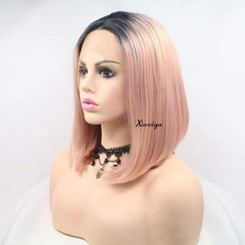 Xiweiya Short Hair Peach Pink Bob Wigs Straight Rose Gold Pink Lace Front Wig With Dark Root Bob Ombre Pink Synthetic Wigs Middle Parting Heat Resistant Women Wigs Replacement Full Wig With Wig Cap 14"