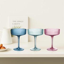 Ribbed Coupe Glasses 4Pcs Mixed Colors, Cocktail Glass, Vintage Martini Glasses, Ribbed Coupe Glasses, Ideal for Cocktail, Champagne