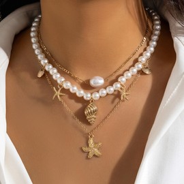 Pearl Shell Necklace for Women Beach Seashell Conch Necklace Starfish Pendant Necklace Boho Layered Necklace Summer Beach Jewelry Gifts for Women (A)