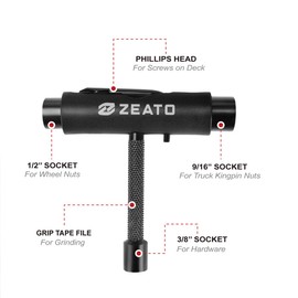 Zeato [Upgrade Version] All-In-One Skate Tools Multi-function Portable Skateboard T Tool Accessory with T-type Allen Key and L-type Phillips Head Wrench Screwdriver - Black