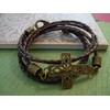 Handmade Antique Bronze Triple Wrap Filigreed Cross Leather Bracelet with