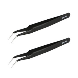 Aoje-Link ESD-15 Professional Anti-Static Precision Technology Tweezers, Non-Magnetic Fine Tip Curved, Stainless Steel Plastic Coated, Full Length 120mm, Black, 2pcs