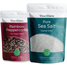 Viva Doria Rainbow Peppercorns Blend, 12 Oz and Pure Sea Salt, Coarse Grain, 2 lb | Great For Grinder Refills, 2 Piece Set