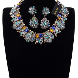 Vintage Crystal Rhinestone Statement Choker Bib Statement Necklace Earring Fashion Costume Jewelry Set for Women Blue