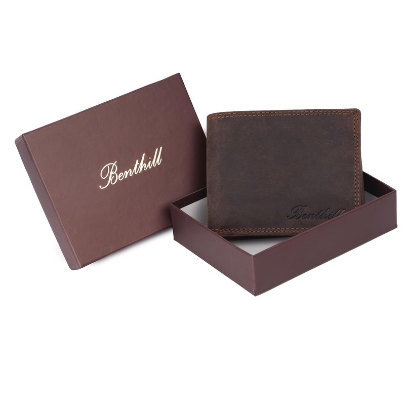 Benthill Men's Genuine Leather Wallet with RFID Protection, Dark Brown