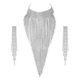 Flyonce Sparkly Rhinestone Costume Jewelry Set, Tassel Chunky Fringe Bib Collar Statement Necklace Long Chandelier Earrings Set Clear Silver-Tone
