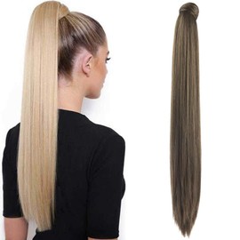 SEIKEA 28 Inch Clip in Ponytail Extension Wrap Around Long Straight Pony Tail Hair Synthetic Hairpiece for Women Color Medium Brown with Golden Brown Highlights