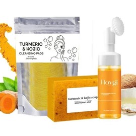 AMOCOCO Turmeric Wash And Care Three Piece Set,Turmeric Facial Pads,Turmeric CleansingSoap Cleaner,Turmeric Face Scrub Pads,Turmeric Cleansing Skincare Set - Specification: 3pcs *2set