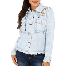 BUNULU Womens Embroidered Frayed Denim Jacket X-Large Denim light