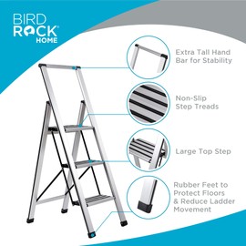 BIRDROCK HOME 3 Step Ladder | Folding Anti-Slip Step Stool, 250 lb Capacity | Lightweight, Slim & Sturdy Design for Household, Kitchen, Garage, Indoor & Outdoor Use | Collapsible, Portable, Heavy-Duty