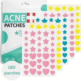180 parches para el acné en forma de estrella y corazón en 3 colores y 2 tamaños. Parches para acné. Parches hidrocoloides absorbentes para tratar la erupción de acné y espinillas para el cuidado de la piel. Funciona para todo tipo de piel. Material segu