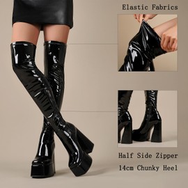 LanreyTaley Platform Thigh High Boots for Women Latex Boots Black Over The Knee Boots Stretch Go-Go Boot Square Toe Party Boots with Zipper PatentBlack 38 Asian
