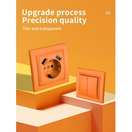 Wall Socket with USB Flush-Mounted Plug, 2 USB Sockets, Wall Socket for Indoor Use, 250 V AC 16 A, Orange Earth Plug