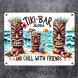 Tiki Bar Aloha Metal Sign in 15 x 20 cm with Saying and Chill with Friends Tiki Bar Figures Tropical Beach Friendship Relaxed Experience Hawaii Caribbean