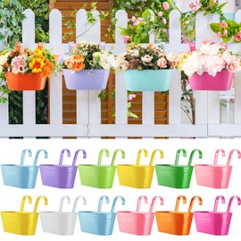 Hushee 12 Pcs Metal Hanging Flower Pot Railing Planter Multicolor Iron Planter Bucket Holder with Detachable Hooks Fence Hanging Plant Box for Balcony Railing Garden Yard Porch Spring Outdoor Decor