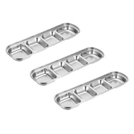 sourcing map 3 Pack Stainless Steel Sauce Dish Dipping Bowls with 4 Compartment Divided, Metal Seasoning Plate Dipping Bowl for Sauce or Dressing, Silver