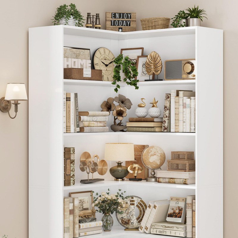 FACBOTALL Corner Bookshelf with Storage, 73.5" Tall Bookcase Shelf, White