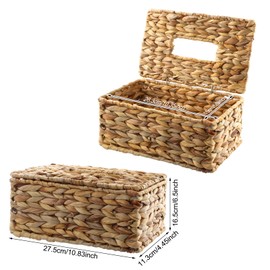 Water Hyacinth Face, Rattan Tissue Box, 27.5 x 11.3 x 16.5 cm, Decorative Woven Cosmetic Tissue Holder, Tissue Paper Holder for Living Room, Dining Room, Office, Hotel