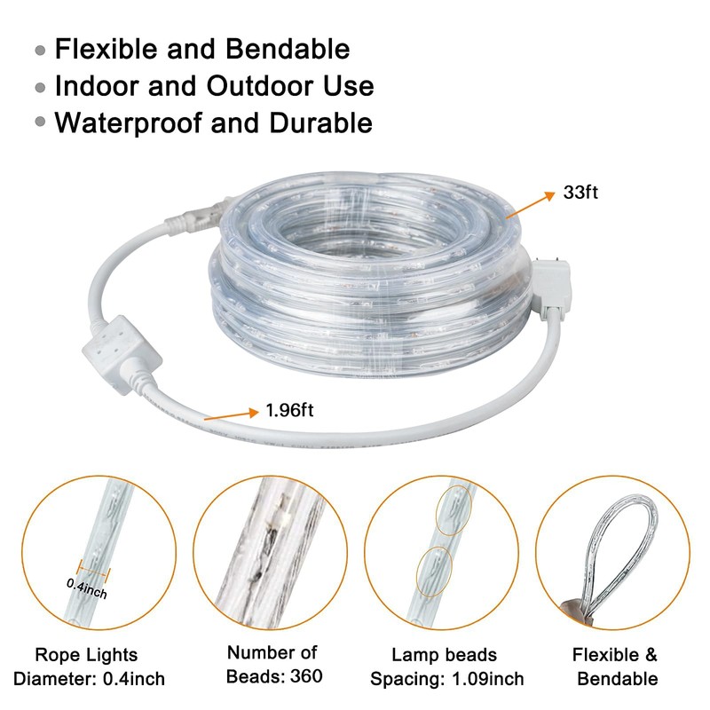 SURNIE LED Rope Lights Outdoor Warm White, Waterproof 33FT Cuttable