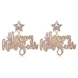 ANGLESJELL Happy New Year Earrings for Women Glitter Enamel Star Earrings Holiday New Year’s Eve Letter Earrings Festive Party Jewelry Gifts (Silver)