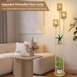 Stepeak Dimmable Boho Floor Lamps for Living Room, 3-Lights Farmhouse Floor Lamp with 3-Way Foot Switch, Gold Floor Lamp with Shelves, Rustic Standing Lamp with Rattan Shades, Tall Lamps for Bedroom