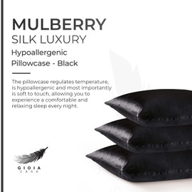 Gioia Casa Luxury Pillowcase - 100% Pure Mulberry Silk on Both Sides - Soft Anti Wrinkle, Hypoallergenic, Washable Bed Pillowcases - Premium Pillow Cover That Protects Your Hair and Skin - Black