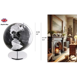Exerz 10" World Globe Black - Stainless Steel Arc and Base - Educational/Geographic/Modern Desktop Decoration - Metallic Black