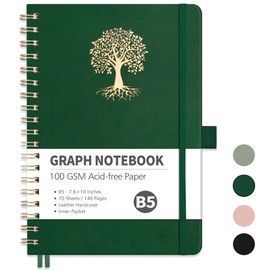 RETTACY Graph Paper Notebook, B5 Grid Spiral Notebook with 140 Pages, 7.6'' × 10'', Medium Size, Leather Hardcover, 100 GSM Thick Paper, for Students, Homework, Math, Engineering (Dark Green)