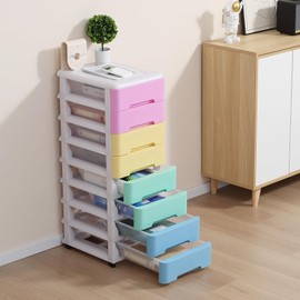 Novelinks Plastic Drawers Storage Organizer with Caster Wheels, Storage Cabinet with 8 Drawers Dresser Organizers and Storage for Living Room, Bedroom, Dormitory, Classroom,Office,Colorful