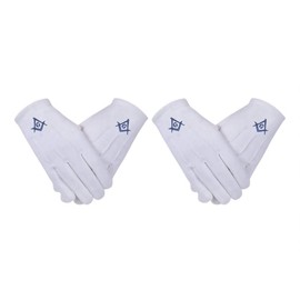 Masonic Gloves Blue Lodge Square & Compass Embroidered Logo White 100% Cotton (2 Pair)