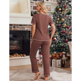 Ekouaer Waffle Knit Pajama Sets Shorts Sleeve Top and Long Pant Lounge Set Soft Loungewear Pjs Set with Pockets Red