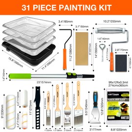 KingOrigin 31 Piece Paint Roller Kit, 9" & 4" Paint Rollers, Paint Brushes, Extension Pole, Paint Trays & Accessories | Professional Painting Supplies for Walls & Ceiling