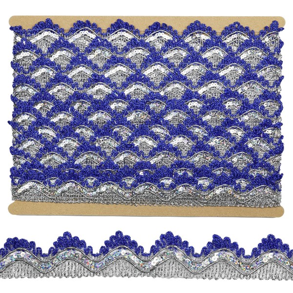 Tibaoffy Long 14 Yard Wide 35mm/1.37inch Blue Silver Sequins Lace