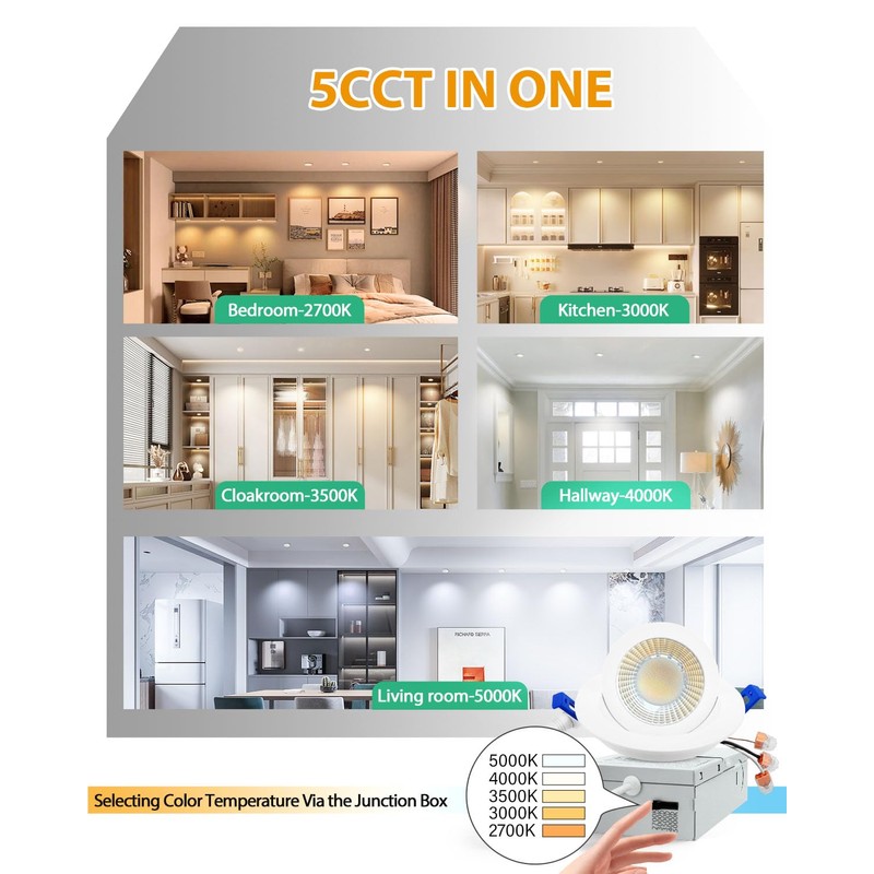 zouzai 5CCT LED Gimbal Led Recessed Light with Junction Box,