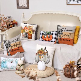 GEEORY Fall Throw Pillow Covers 18x18 Inch Set of 4, Pumpkins Mason Jars Home Sweet Home Striped Autumn Thanksgiving Seasonal Decorative Farmhouse Decoration for Home (Off-White) G637-18