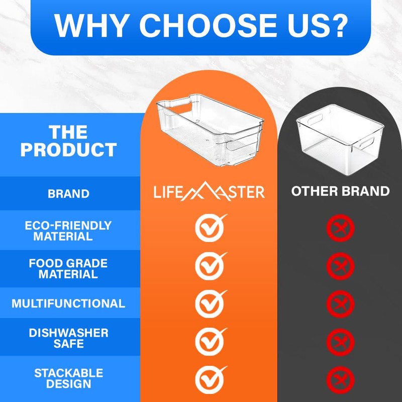 Lifemaster Stackable Plastic Freezer Organizer Bins - Clear Storage Containers