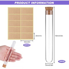 Test Tube with Corks, Pack of 15, Plastic Test Tubes with Corks for Flowers, 15 x 150 mm, Plastic Test Tubes for Weddings, Party Favours