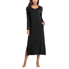 EA'S SECRET Nightgowns for Women Long Sleeve V Neck Nightshirts Soft Knit Sleepwear Full Length Loungewear with Pocket, Black, Large